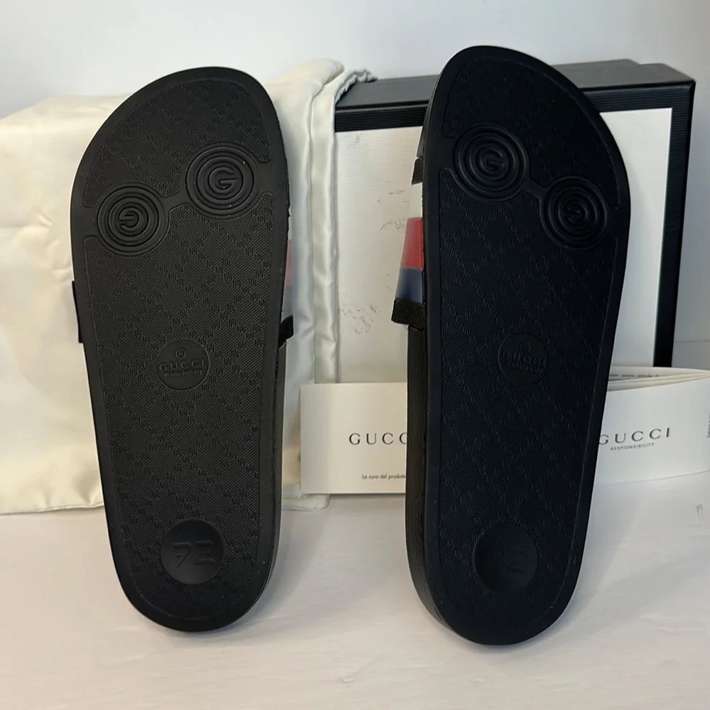 New 💯Authentic GUCCI WEB RUBBER SLIDE IN BLACK/Blue / Red &White Sandals